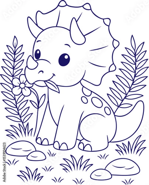 Obraz Cute triceratops eating flower in cartoon outline style