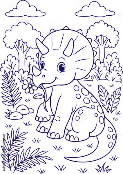 Obraz Smiling triceratops holding flower in prehistoric forest outline