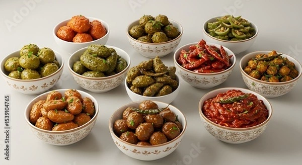 Fototapeta indian food Assorted Indian Pickles and Condiments in Decorative Bowls