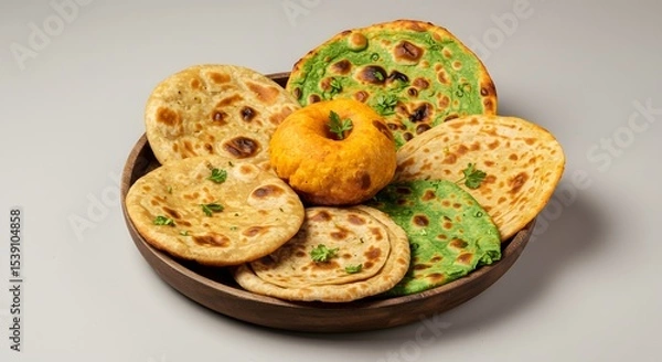 Fototapeta indian food Assorted Indian Flatbreads: Paratha, Roti, and Kulcha in Wooden Bowl