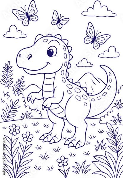 Obraz Smiling dinosaur standing in flower meadow with butterflies