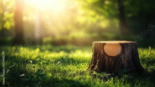 Fototapeta Sunlit Forest with Tree Stump and Lush Green Grass Background