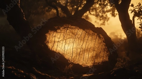 Fototapeta Sunlit Hollow Tree Trunk in Enchanted Forest at Golden Hour