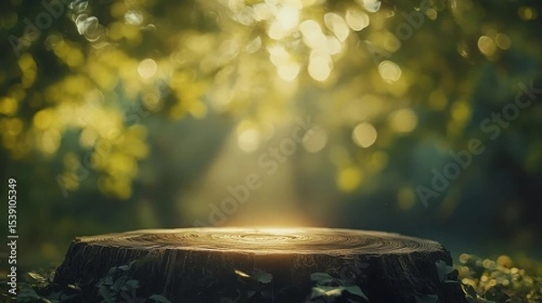 Fototapeta Sunlit Tree Stump Surrounded by Glowing Nature in Soft Focus