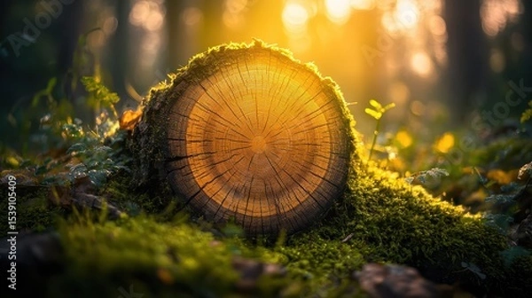 Fototapeta Sunlit Tree Stump Surrounded by Greenery in Tranquil Forest Setting