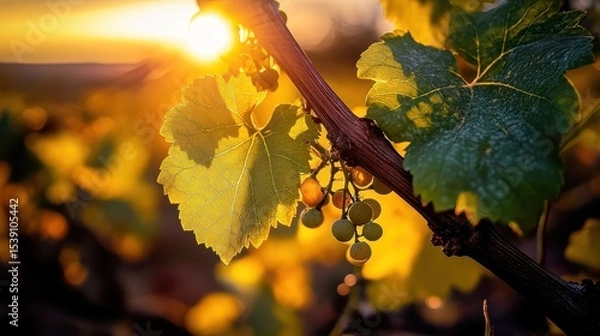 Fototapeta Sunlit Vineyard with Dewy Grapevines and Golden Sunset Glow