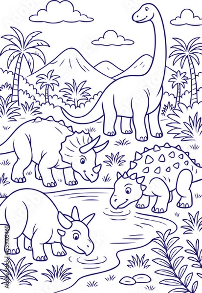 Fototapeta Group of dinosaurs drinking water in prehistoric jungle