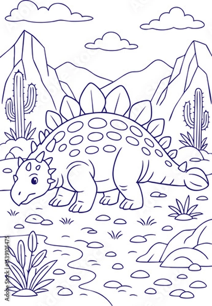 Obraz Stegosaurus walking in desert valley with mountains