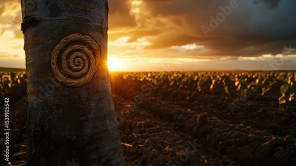 Fototapeta Sunset Over Cropland with Carved Tree Bark and Beautiful Sky
