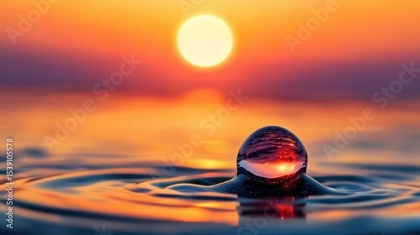 Fototapeta Sunset Reflected in Water Drop with Colorful Horizon View