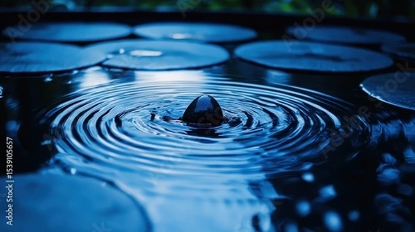 Fototapeta Surface of Water with Ripples and Water Lily Pads at Night