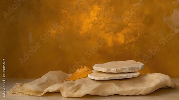 Fototapeta Textured Background with Natural Stone Slabs and Autumn Leaf