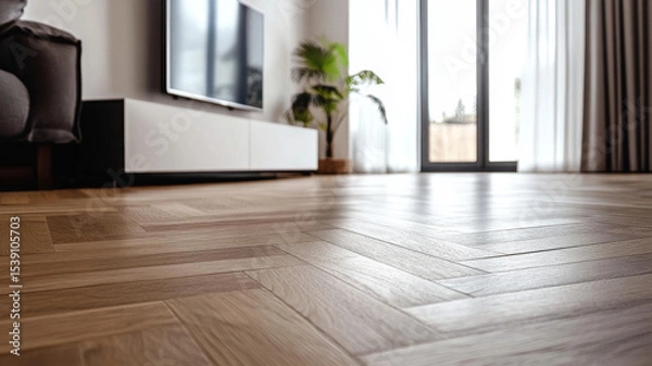 Obraz Modern Home Living Room with Herringbone Oak Parquet Flooring and Natural Light