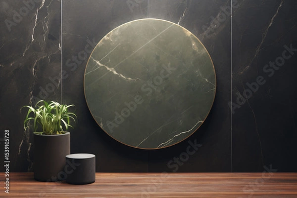 Obraz Modern Dark Marble Wall with Round Slab and Green Plant in Pot