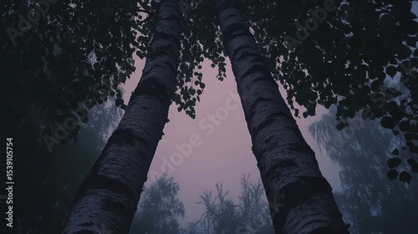 Fototapeta Tall Trees Reaching Towards Mystic Sky at Dusk in Foggy Forest