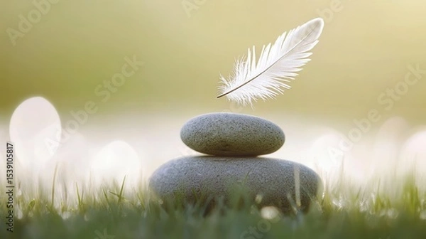 Fototapeta Tranquil Balance of Pebbles with Gentle Feather on Green Background