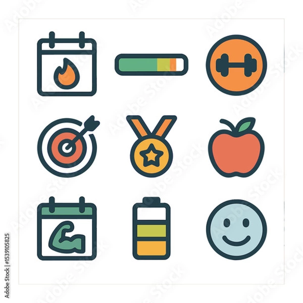 Fototapeta Home Strength Training Icons. Flat icon set of strength training at home: bicep curl, overhead press, deadlift