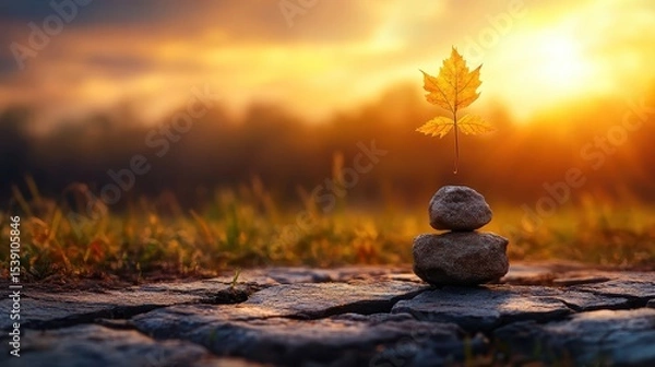 Fototapeta Tranquil Balance of Stones with a Leaf Against a Sunset Sky