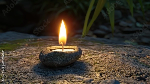 Fototapeta Tranquil Candle Flame on Stone Surface in Natural Setting