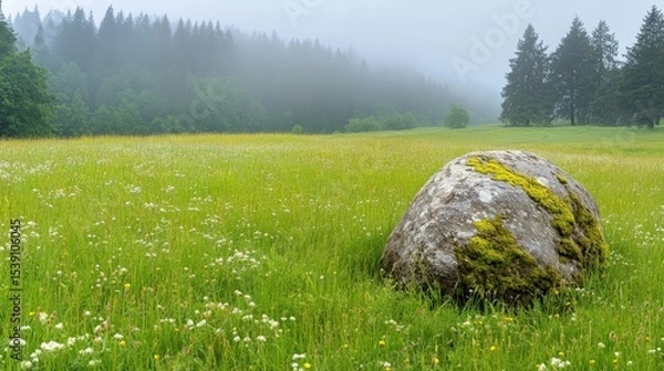 Fototapeta Tranquil Meadow Scene with Stone and Misty Forest Background