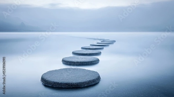 Fototapeta Tranquil Pathway Over Water with Circular Stones in Misty Environment