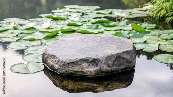 Fototapeta Tranquil Stone on Lily Pad Surface in Serene Water Setting