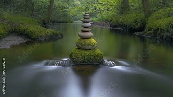 Fototapeta Tranquil Stone Stacks Balanced on Mossy Riverbank Surrounded by Trees