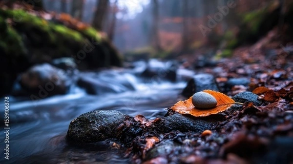 Fototapeta Tranquil Stream with Autumn Leaves and Smooth Pebbles in Forest