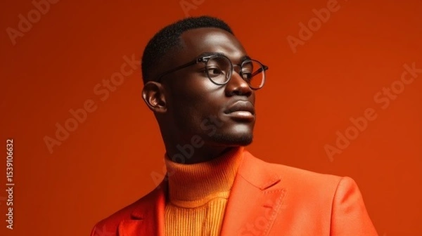 Obraz Sophisticated Man in Orange Turtleneck and Blazer Looking Away