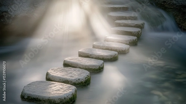 Fototapeta Tranquil Water Pathway with Illuminated Stepping Stones in Nature