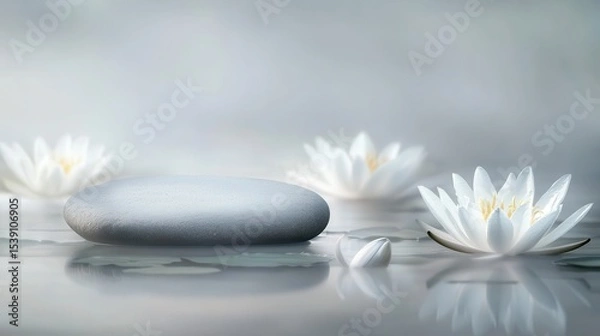 Fototapeta Tranquil Water Scene with Lotus Flowers and Smooth Stone