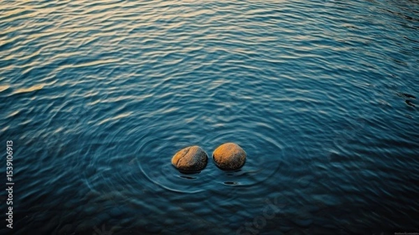 Fototapeta Tranquil Water Ripples Surrounding Two Stones in Calm Lake