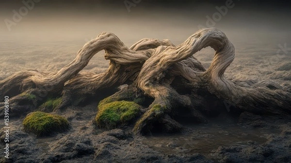 Fototapeta Twisted Roots and Moss on Foggy Shoreline at Sunrise