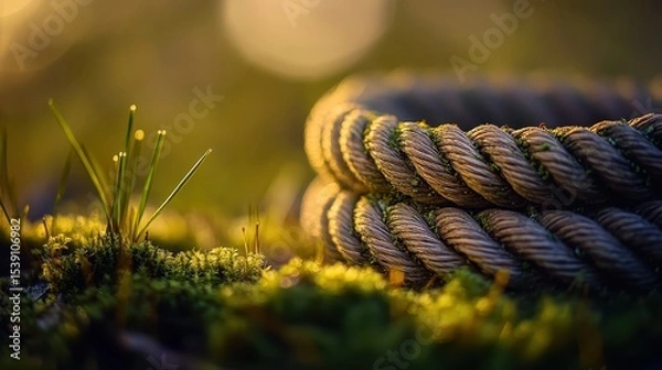Fototapeta Twisted Rope with Green Moss and Soft Grass in Sunlit Background