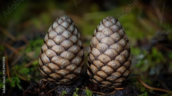 Fototapeta Two Pine Cones on Natural Forest Floor with Green Moss Background