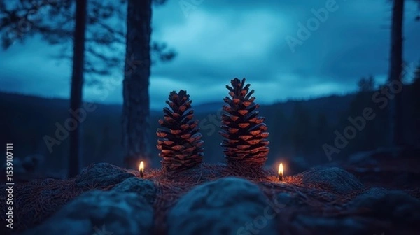 Fototapeta Two Pine Cones Surrounded by Candles in a Calm Forest Setting