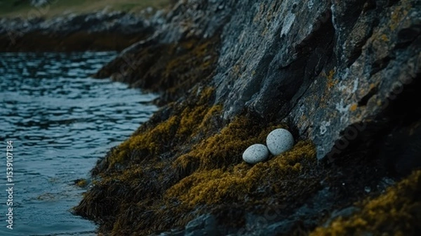 Fototapeta Two Speckled Eggs Nestled on Rocky Shoreline by Calm Water