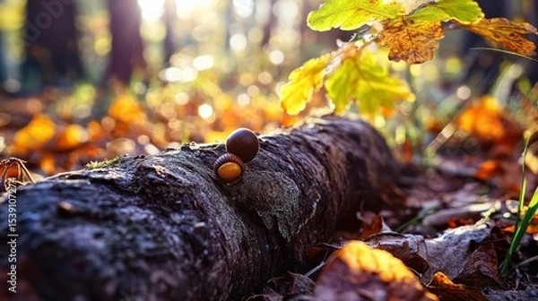 Fototapeta Vibrant Forest Floor with Acorns on Log Surrounded by Autumn Leaves