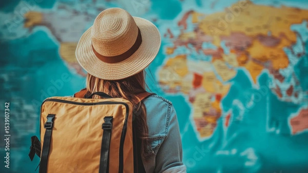 Obraz Woman Explorer with Backpack and Hat Gazing at World Map, Travel Concept