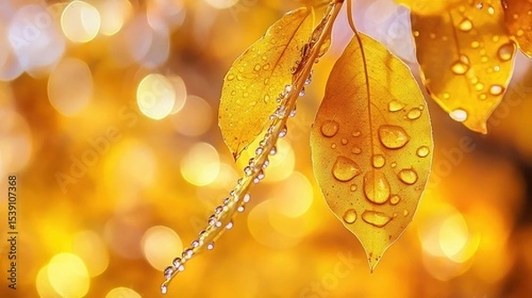 Fototapeta Vibrant Yellow Leaves with Water Droplets Against Blurred Background