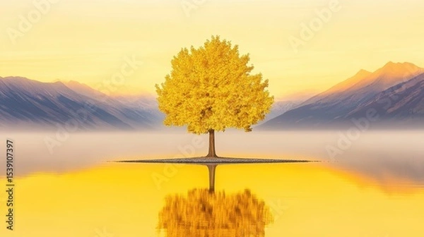 Fototapeta Vibrant Yellow Tree Reflected in Tranquil Lake at Golden Hour
