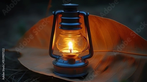 Fototapeta Vintage Lantern Glowing on Orange Leaf in Nature at Twilight
