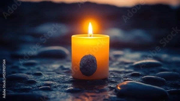 Fototapeta Warm Glow of Candlelight on Smooth Stones at Twilight by Shore