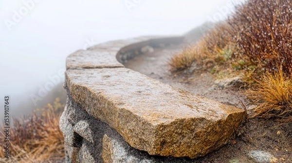 Fototapeta Wet Stone Pathway with Foggy Background in Mountain Environment