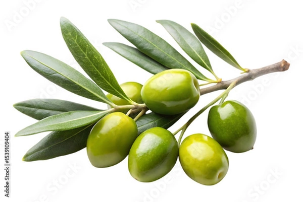 Fototapeta green olives with leaves on a branch isolated image on transparent background