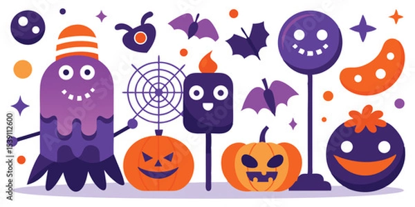 Fototapeta A playful vector illustration set featuring whimsical halloween characters including pumpkins bats spooky candle with halloween elements