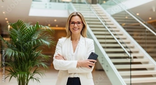 Fototapeta Confident, elegant blonde businesswoman smiling with arms crossed, holding a smartphone in a modern office lobby with a stylish staircase. Professional success.