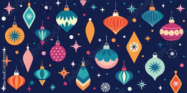Fototapeta Festive collection of stylized christmas ornaments and star elements in a retro vintage design for holiday and summer vacation illustration set