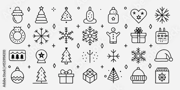 Fototapeta Hand drawn festive seasonal design elements including snowflakes christmas trees gift boxes hats and various decorations for summer vacation illustration set
