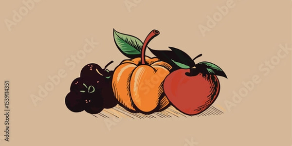 Fototapeta Hand drawn style illustration of a vibrant collection of ripe fruits, ideal for summer vacation illustration set design projects showcasing fresh and delicious produce